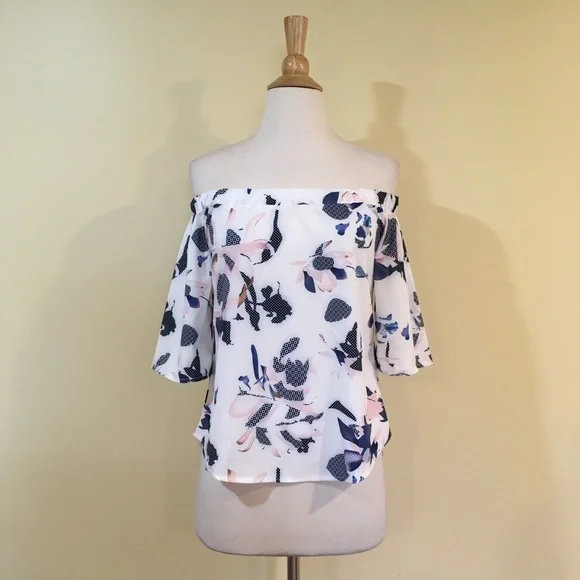 Off Shoulder High Low Modern Floral Short Flutter Sleeve Blouse - Picture 4 of 6